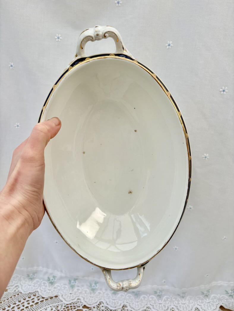 Hand holding a ceramic bowl with gold rim against a light gray background