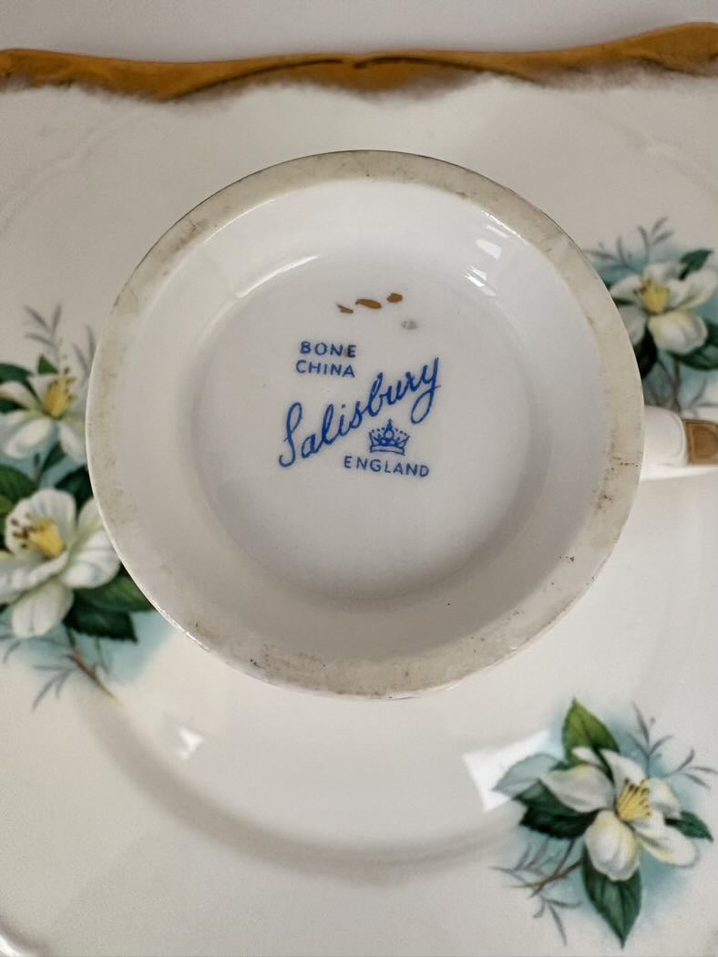 Bone China Salisbury England dish on a floral-patterned surface