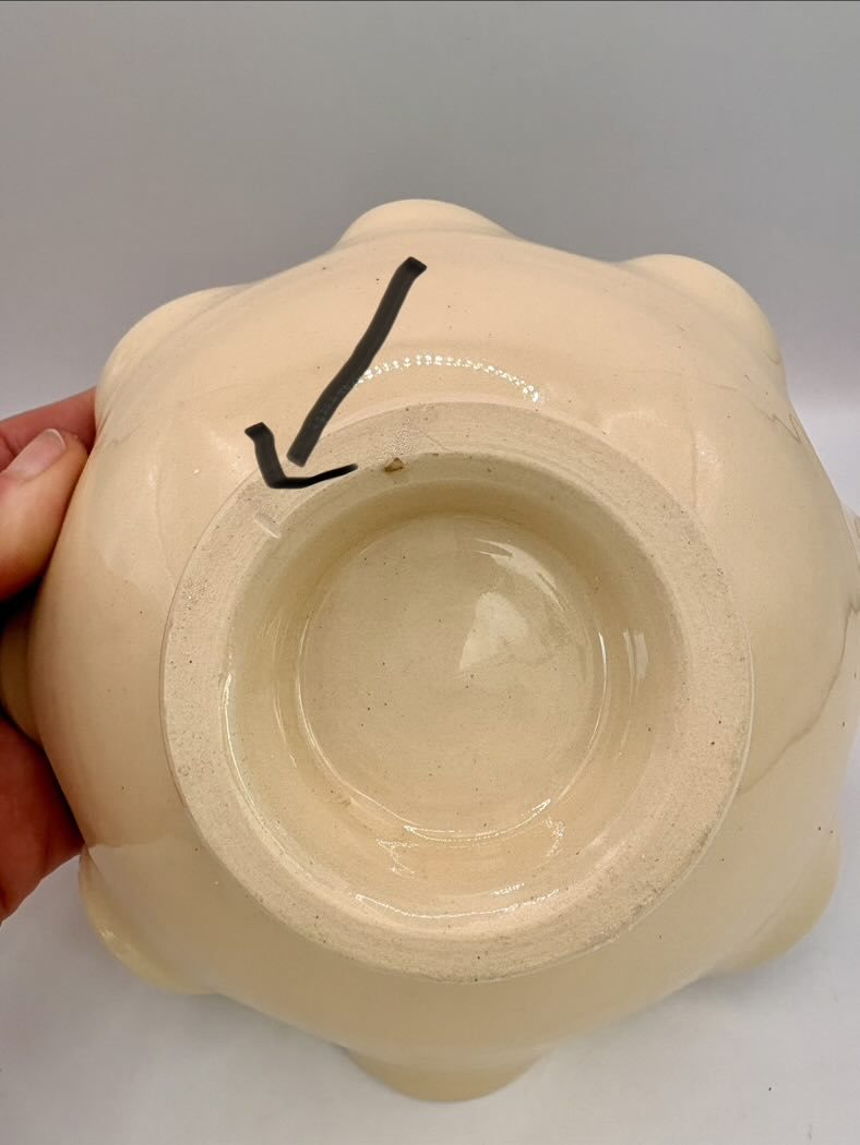 Hand holding a beige ceramic bowl with a black arrow pointing to a small imperfection on the surface.