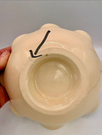 Hand holding a beige ceramic bowl with a black arrow pointing to a small imperfection on the surface.