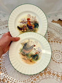 Two decorative plates with rooster designs on a lace tablecloth.