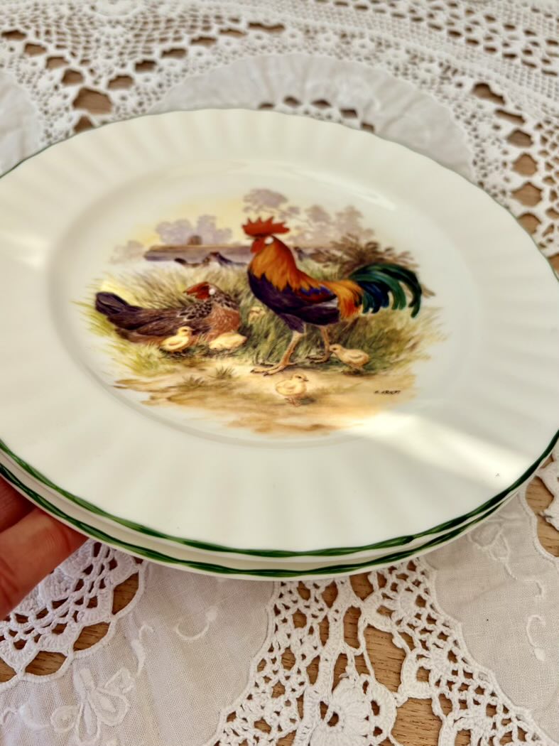 Decorative plate with a rooster design held over a lace tablecloth