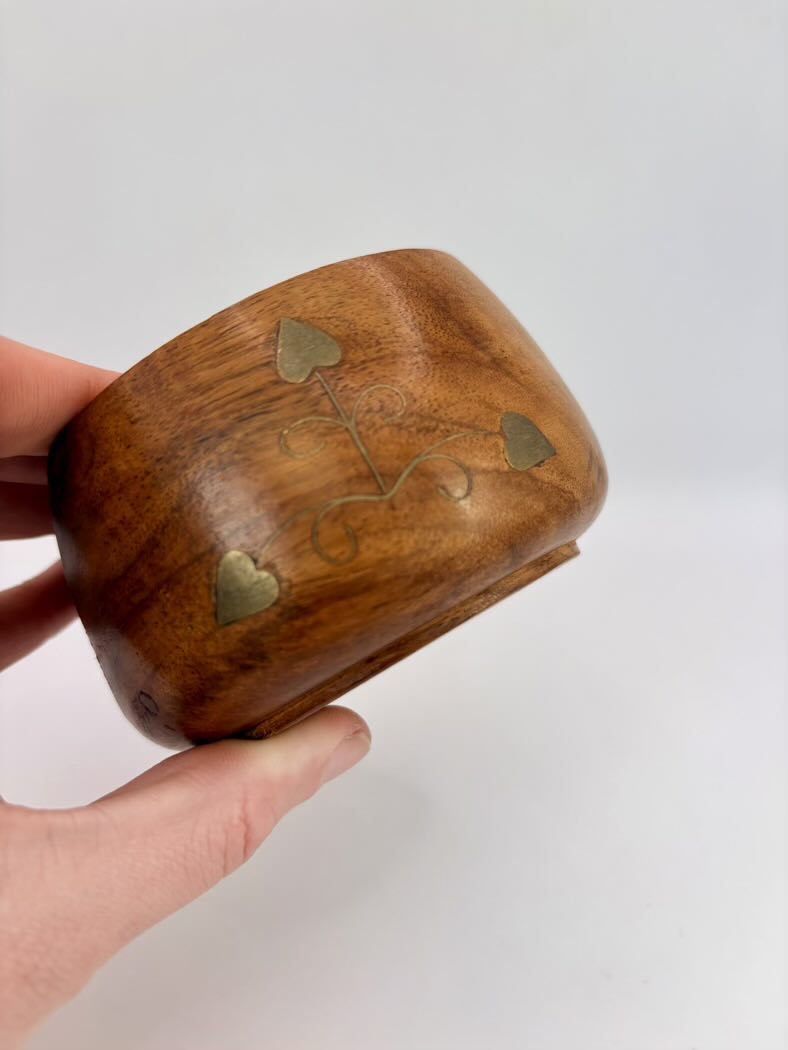 Vintage Hand Carved Wooden Coasters Set of Six Brass Inlay Floral India