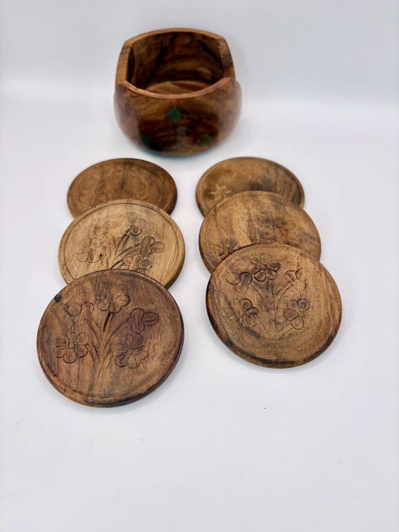 Vintage Hand Carved Wooden Coasters Set of Six Brass Inlay Floral India