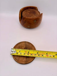 Vintage Hand Carved Wooden Coasters Set of Six Brass Inlay Floral India