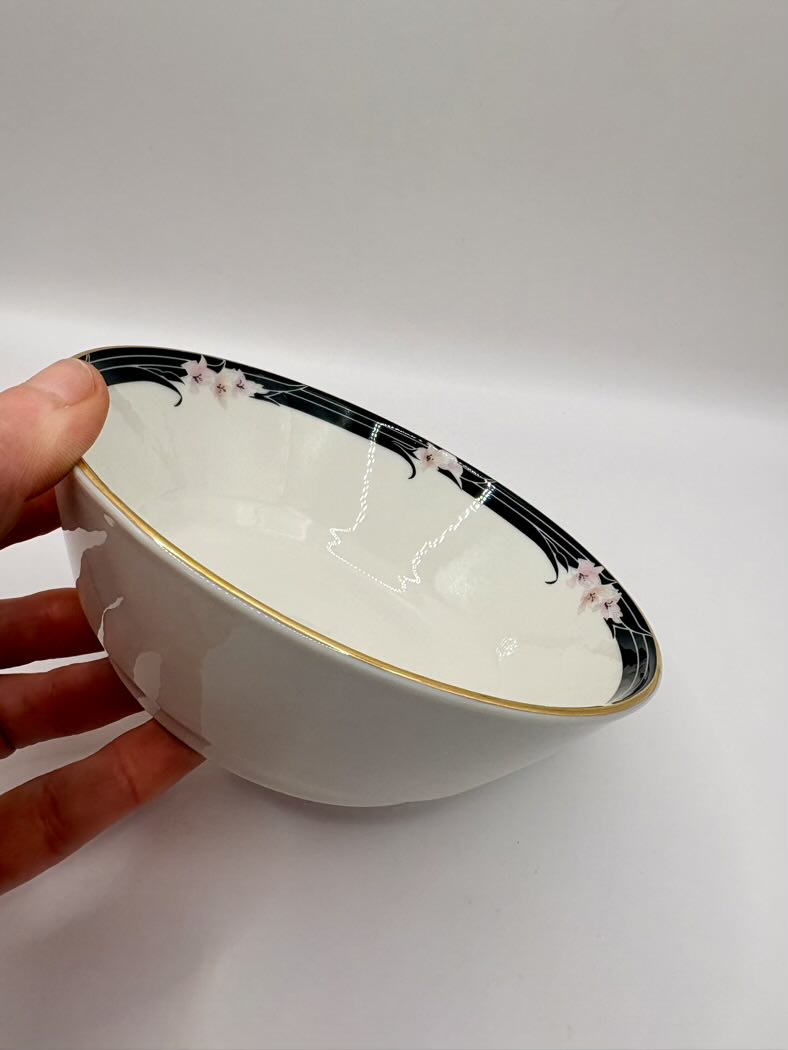 White ceramic bowl with black floral design held by a hand on a white background