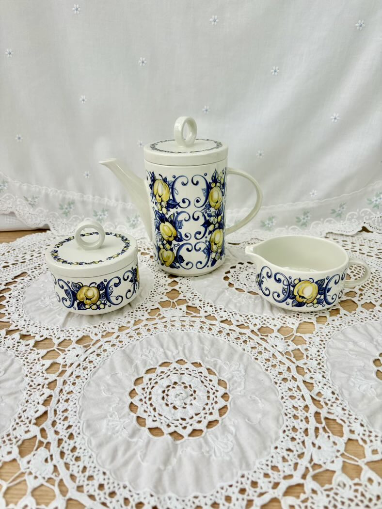 Ceramic tea set with decorative patterns on a lace tablecloth
