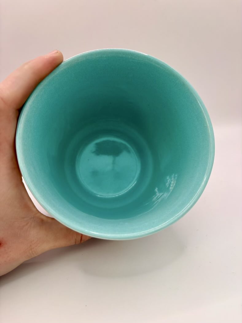 Hand holding a teal cup against a white background