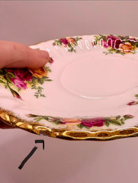 Decorative plate with floral design held by a hand on a plain background