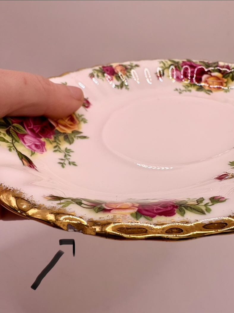 Decorative plate with floral design held by a hand on a plain background