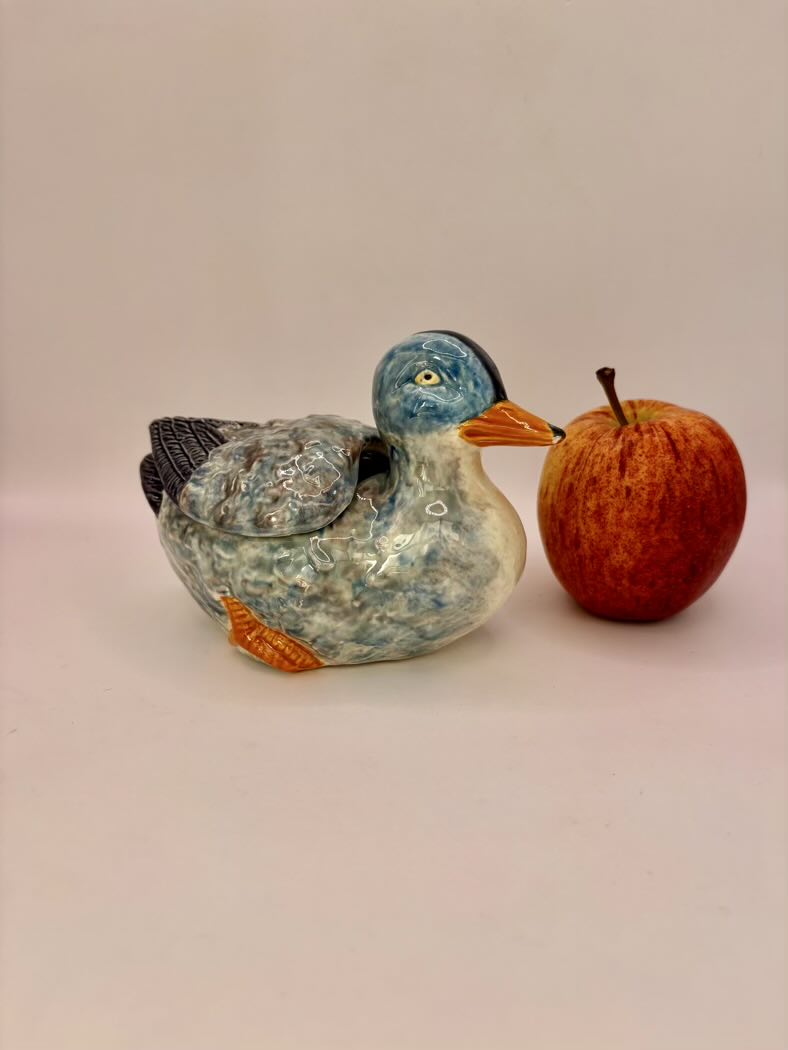 Ceramic duck figurine with a textured surface next to an apple on a plain background