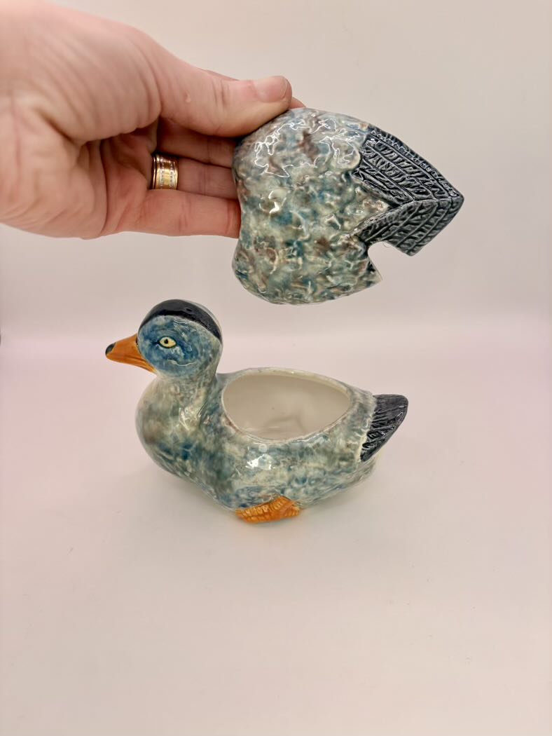 Ceramic duck-shaped object with a hand holding a crystal above it on a light background