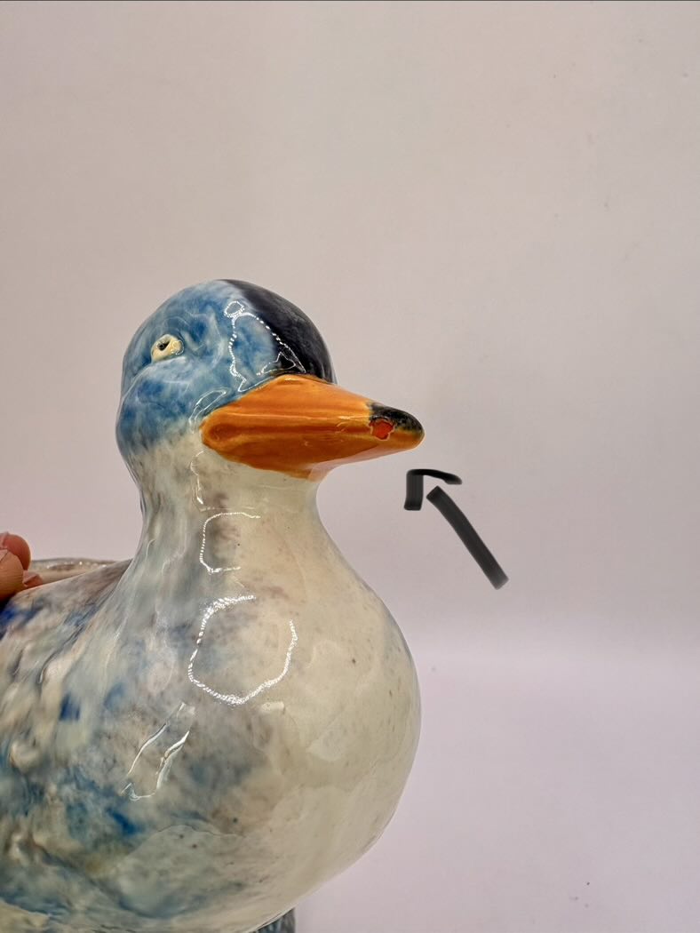 Arrow showing  small chip on the duck's noose