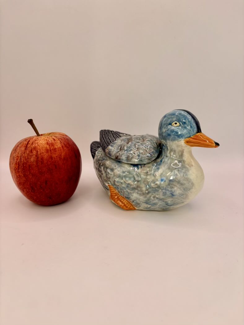 Ceramic duck-shaped container next to an apple on a light pink background