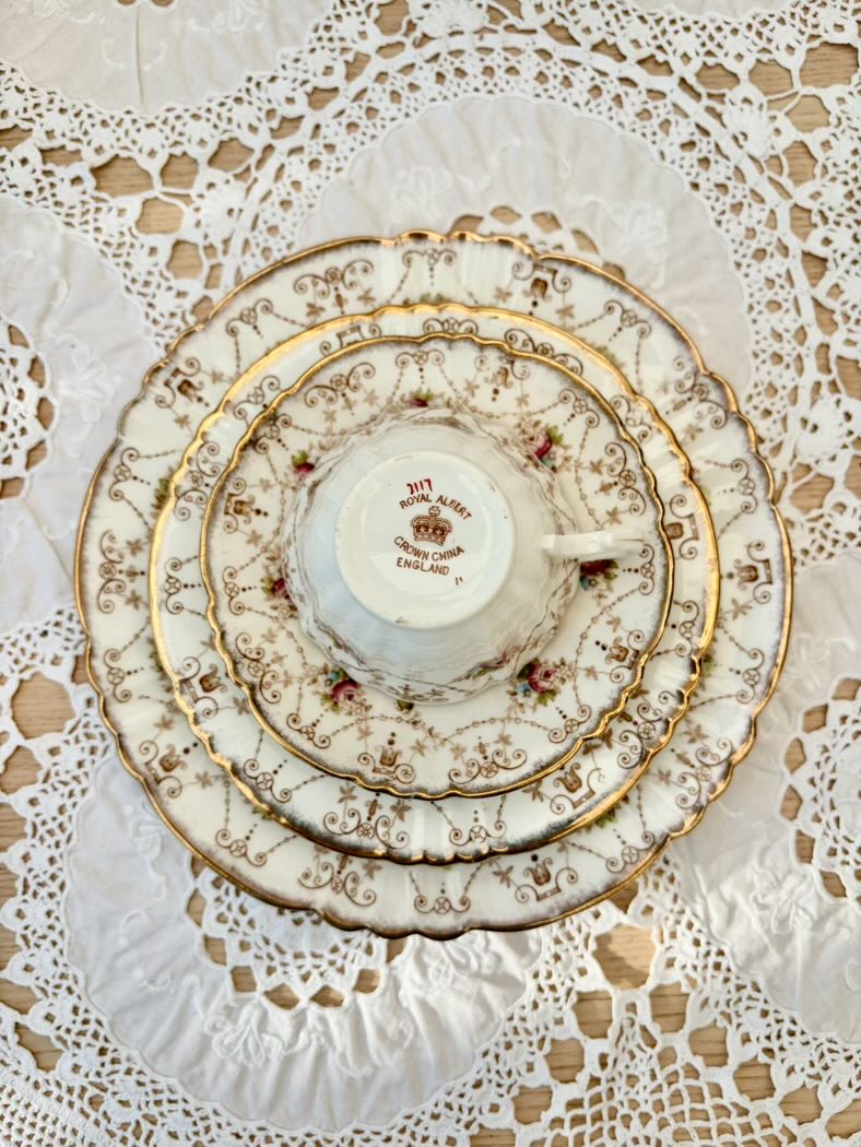 Vintage teacup and saucer set on a lace doily