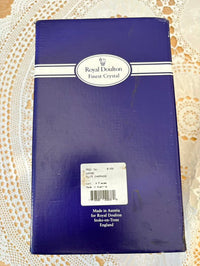 The original blue Royal Doulton Finest Crystal box with a label reading: Oxford Flute Champagne, 4 Pieces, Made in Austria