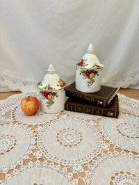 Two ceramic canisters, one on top of the books, and the other one next to a red apple
