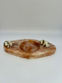 Vintage marble and onyx trinket dish with two dog figurines from the 1930s