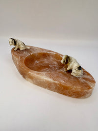Vintage marble and onyx trinket dish with two dog figurines from the 1930s