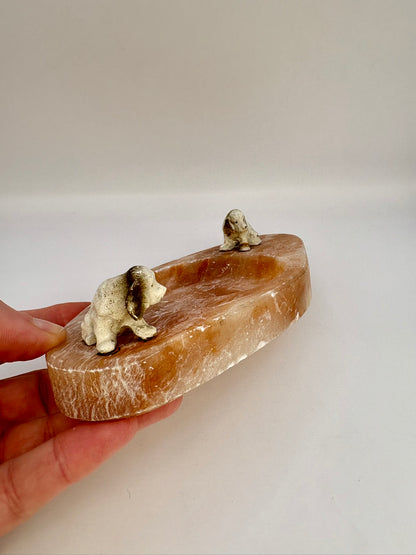 Vintage marble and onyx trinket dish with two dog figurines from the 1930s