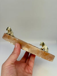 Vintage marble and onyx trinket dish with two dog figurines from the 1930s