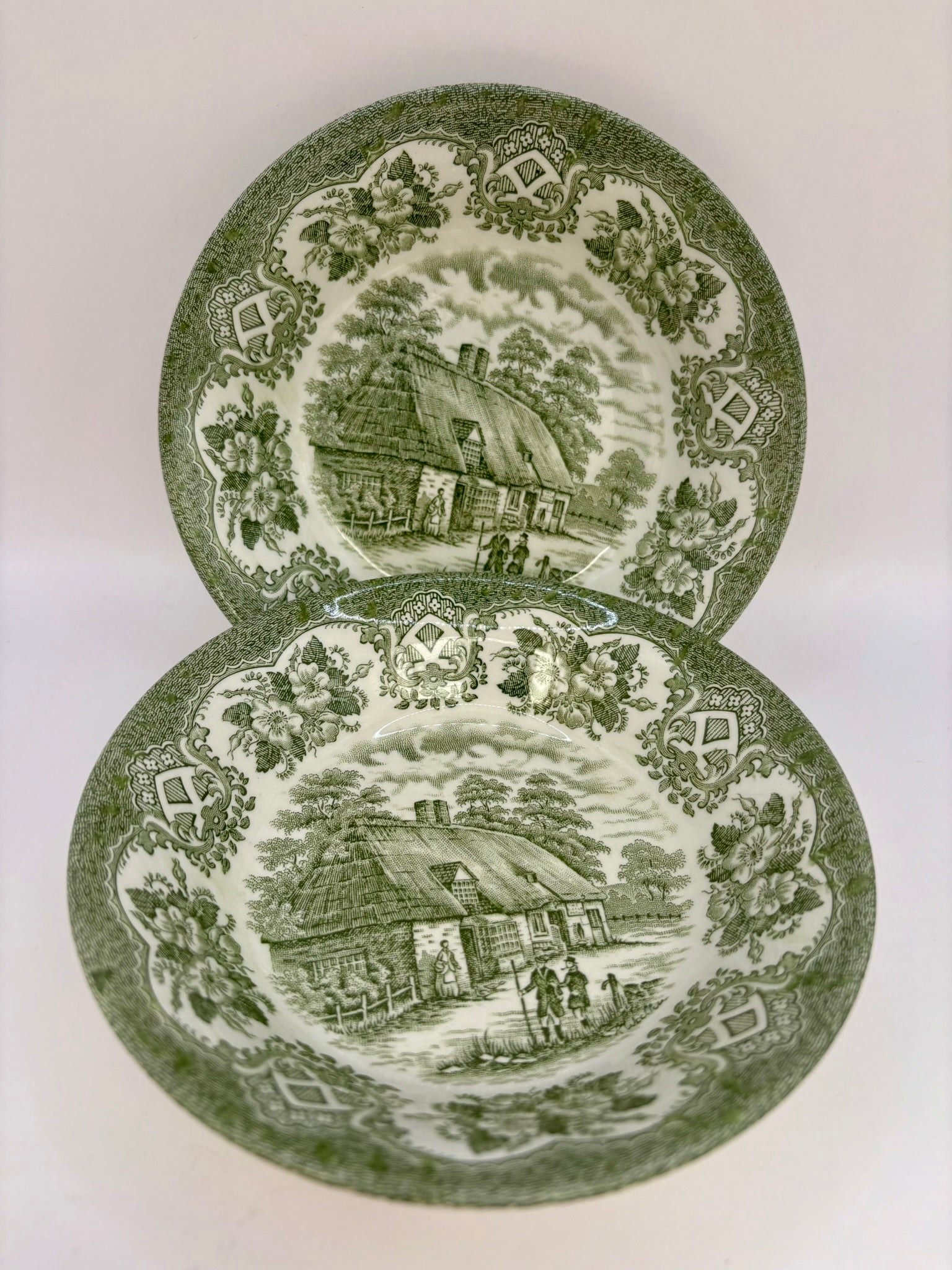 Set of two vintage English Ironstone Old Inns Series plates with hand engraved designs