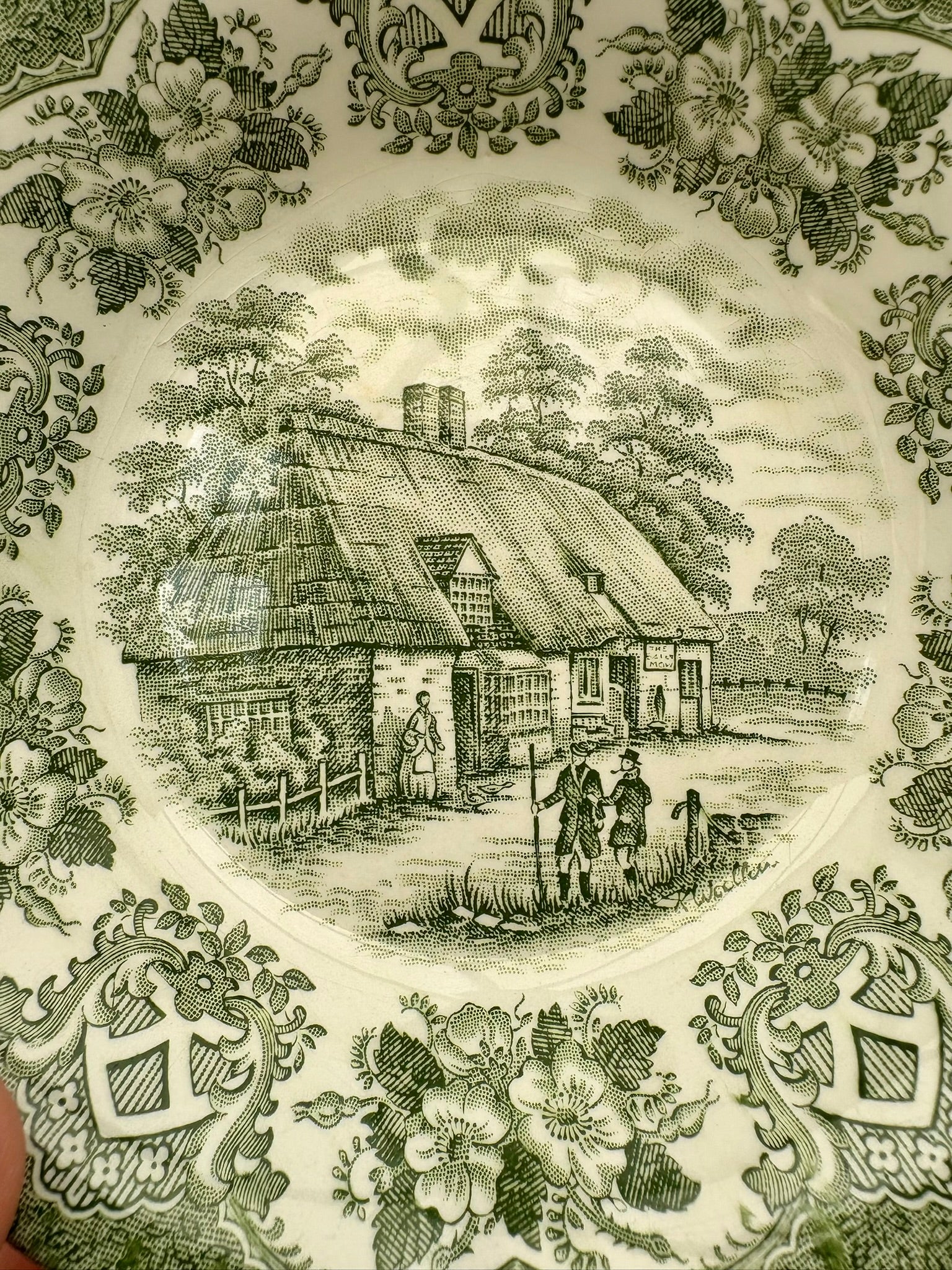 Set of two vintage English Ironstone Old Inns Series plates with hand engraved designs