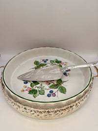 Vintage H. Samuel ceramic flan dish with ornate silver-plated holder and serving spatula