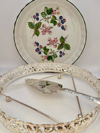 Vintage H. Samuel ceramic flan dish with ornate silver-plated holder and serving spatula