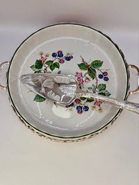 Vintage H. Samuel ceramic flan dish with ornate silver-plated holder and serving spatula
