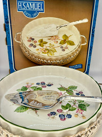 Vintage H. Samuel ceramic flan dish with ornate silver-plated holder and serving spatula