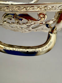 Vintage H. Samuel ceramic flan dish with ornate silver-plated holder and serving spatula