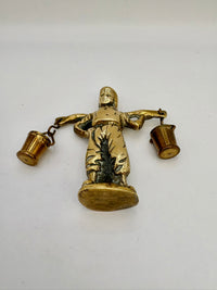 Vintage brass figurine of a boy carrying water buckets, rustic art deco home decor