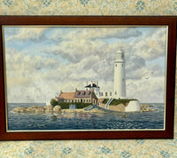 Original oil painting of St. Mary's Lighthouse by John J Kerr, depicting Whitley Bay's coastal scenery.