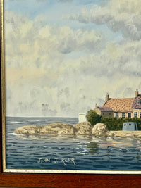 Painting of a coastal scene with a house and rocky island, signed 'John J. Kerr'.