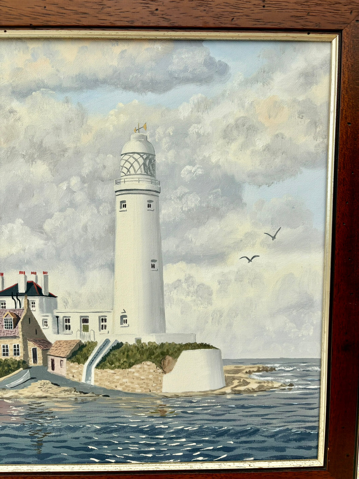 Original oil painting of St. Mary's Lighthouse by John J Kerr, depicting Whitley Bay's coastal scenery.