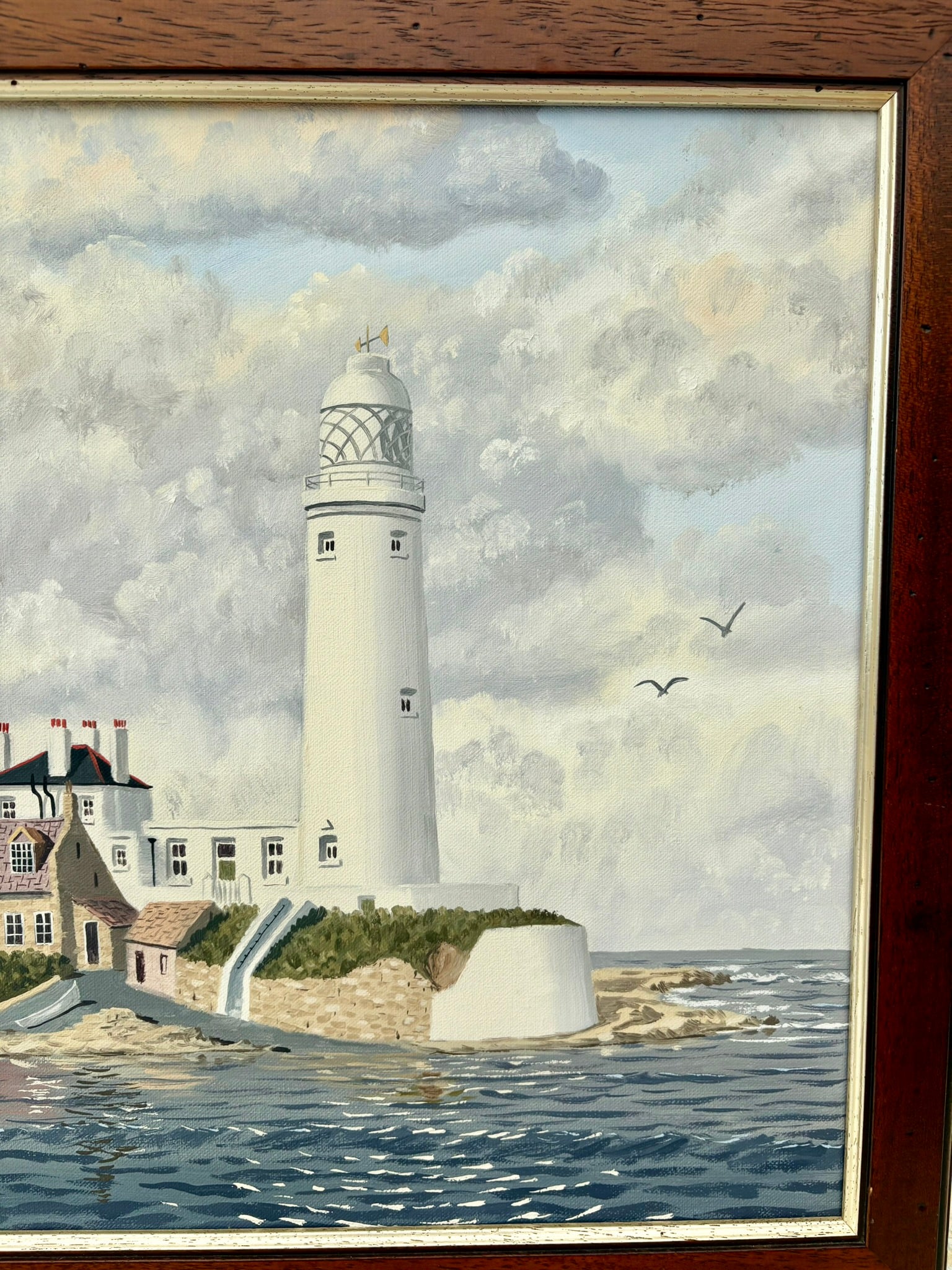 Original oil painting of St. Mary's Lighthouse by John J Kerr, depicting Whitley Bay's coastal scenery.