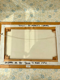 Framed artwork with a title and artist's name on a floral wallpaper background