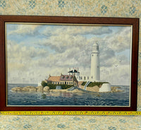 Original oil painting of St. Mary's Lighthouse by John J Kerr, depicting Whitley Bay's coastal scenery.
