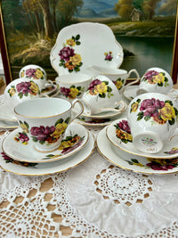 Royal Windsor fine bone china tea set with bright pink and yellow rose bouquets, vintage English porcelain