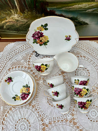 Royal Windsor fine bone china tea set with bright pink and yellow rose bouquets, vintage English porcelain