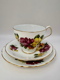 Royal Windsor fine bone china tea set with bright pink and yellow rose bouquets, vintage English porcelain