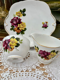 Royal Windsor fine bone china tea set with bright pink and yellow rose bouquets, vintage English porcelain
