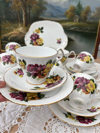 Royal Windsor fine bone china tea set with bright pink and yellow rose bouquets, vintage English porcelain