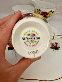 Royal Windsor fine bone china tea set with bright pink and yellow rose bouquets, vintage English porcelain