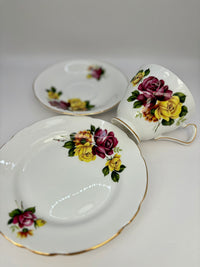 Royal Windsor fine bone china tea set with bright pink and yellow rose bouquets, vintage English porcelain