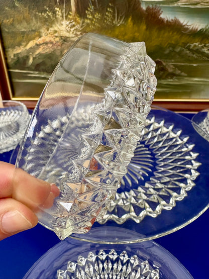 Vintage Clear Glass Dessert Set with Diamond Pattern, 9 Pieces