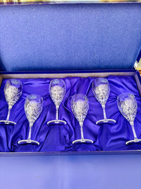Set of six crystal wine glasses in a blue box