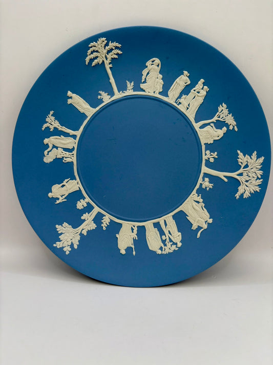 Blue Wedgwood Jasperware plate with neoclassical white relief detail