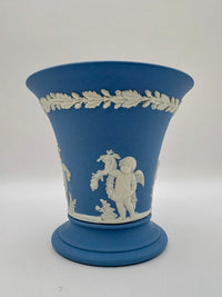 Elegant Wedgwood blue jasperware medium vase with white classical figures in relief